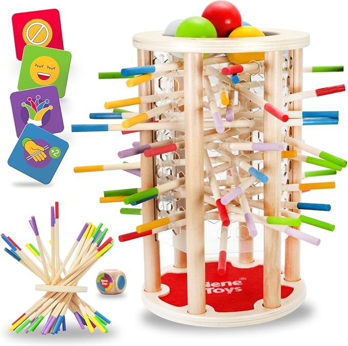 Nene Toys BALLFALL Jumbo – Montessori Wooden Board Game for Kids 3 4 5 6 Years – Colorful Sticks, Dice & Cards – Fine Motor Skills Toy, Math & Counting Game – Educational Gift for Boys Girls Ages 3-9