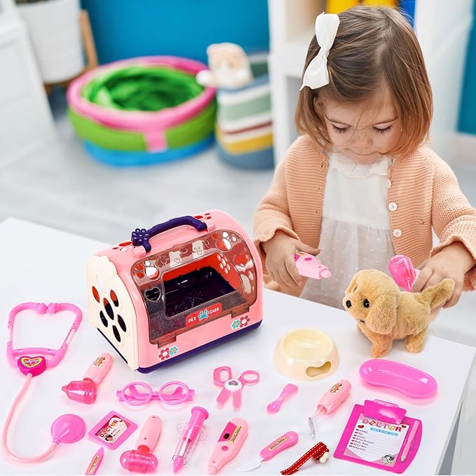 24 Pcs Dog Toys Doctor Kit for Kids, Walking and Barking Electronic Interactive stuffed Puppy Toy with Pretend Playset for Toddlers, Pet Care Veterinarian Toy Set, Girl Role Play Gift for 3-6 Year Old