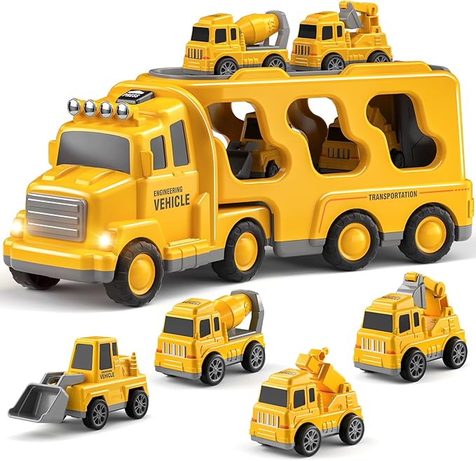 Bennol Construction Truck Toys for Toddler Boy 1 2 3 4 5 Year Old, Car Trucks Birthday Gifts Toys for Kids Ages 1-3 3-5, 5-in-1 Construction Trcuk with Excavator, Crane Mixer, Bulldozer