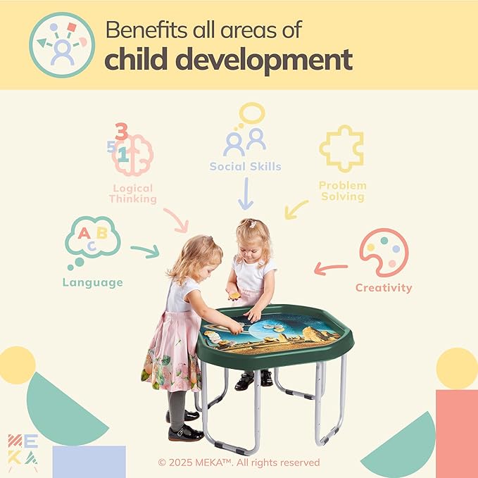 MEKA Small 28"x28" Tuff Tray Set Dark Green, Activity Sensory Tray Plus Stand Children, Outdoor Play Sand and Water Table for Toddlers and Kids, Toy Boys Girls