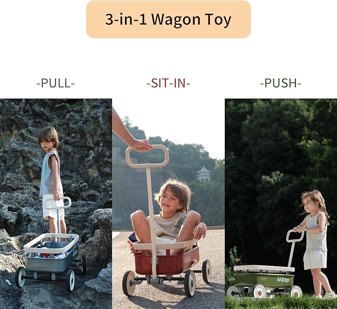 kidpop PULA-Wild 3-in-1 Kids' Pull-Along Wagon Toddlers Push Walker for 2.5-8, Removable Wooden Cover and Adjustable Handlebar, Birthday Gifts Max Weight 33 lbs (Green)