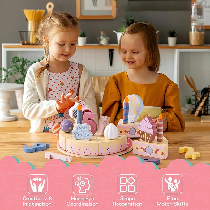 Birthday Party Cake Toys, Wooden Play Food Set for Kids Toddlers, Play Kitchen Toys for Boys Girls, Educational Toys