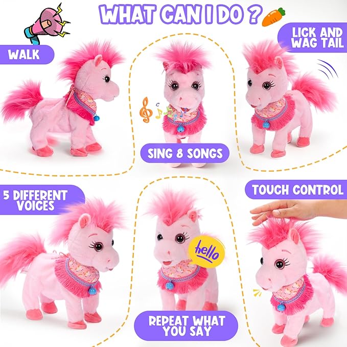 Pink Walking Pony Set Interactive Talking Singing Dancing Horse Walk Along with Remote Control Leash Plush Pony Pet Toy for Kid, Nod Lick Wag Repeat What You Say, 3+ Girl Boy