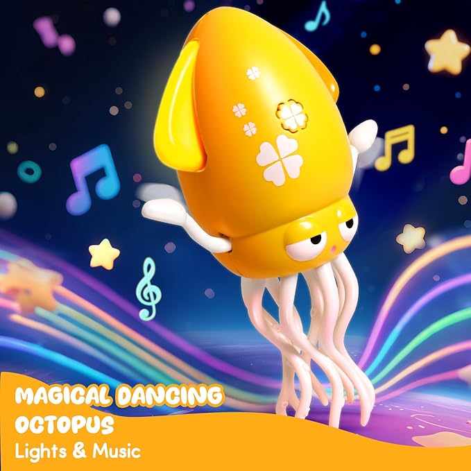 Dancing Octopus Baby Toy - Tummy Time Gift for Babies, Magic Music Dance Light, Infrared Automatic Obstacle Avoidance, Sensor Development Infant Toys Present for Toddler 3-8 Years Old Boy&Girl, Yellow