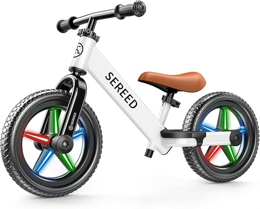 SEREED Toddler Balance Bike 2 Year Old, No Pedal Kids Bicycle Toys for 2-5 Years Old, Tool-Free Adjustment, Customize Plate with Stickers, Gift for 2-3 Boys Girls (White Lighting)