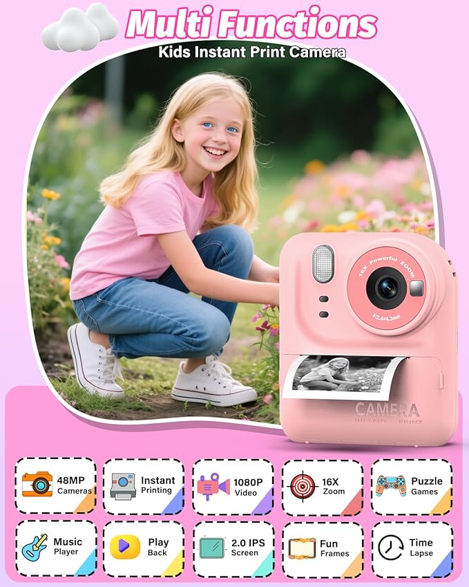 Kids Camera Instant Print Photo, Portable Thermal Printing Camera Toy with HD Digital Video, for 3-12 Years Old Boys Girls, Creativity & Learning (Pink)