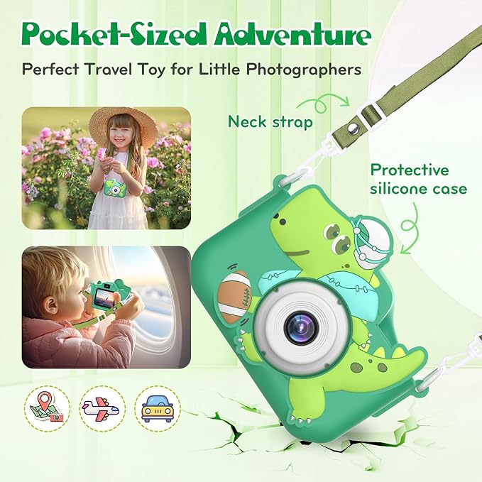 Kids Camera Toys for Kids, Digital Camera for Kids Age 3-8 Toddler Travel Dinosaur Toys, Christmas Birthday Gift for Boys Girls 3 4 5 6 7 8 Year Old, HD 1080P Video Camera, 32G SD Card(Green)