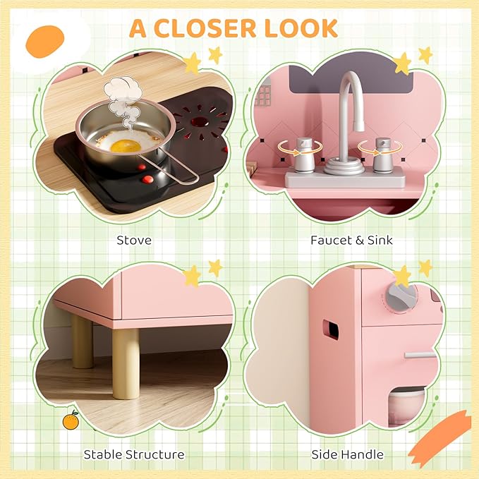 MAMIZO Play Kitchen for Kids, Pretend Playset with Blackboard & Realistic Lights & Sounds, Ultimate Interactive Wooden Kitchen with Knob Sounds, Sink, Water Dispenser, 6 Pcs Cookware for Ages 3+(Pink)