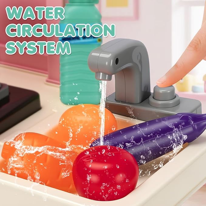 Kids Play Kitchen Set, Toddler Kitchen Playset with Light & Sound, Cooking Stove, Play Sink, Coffee Maker, Play Food Toy and Kitchen Accessories, Kitchen Toy for Kids Girls Boys - Pink