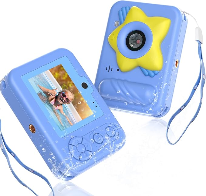 IP68 Waterproof Camera for Kids,Underwater Toys Camera with Dual Lens, 48MP 1080P Digital Camera with 32GB Card & 8X Zoom, Fun Birthday for Boys and Girls Ages 3-12 (Star, Blue)