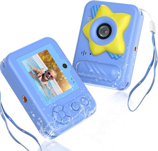 IP68 Waterproof Camera for Kids,Underwater Toys Camera with Dual Lens, 48MP 1080P Digital Camera with 32GB Card & 8X Zoom, Fun Birthday for Boys and Girls Ages 3-12 (Star, Blue)