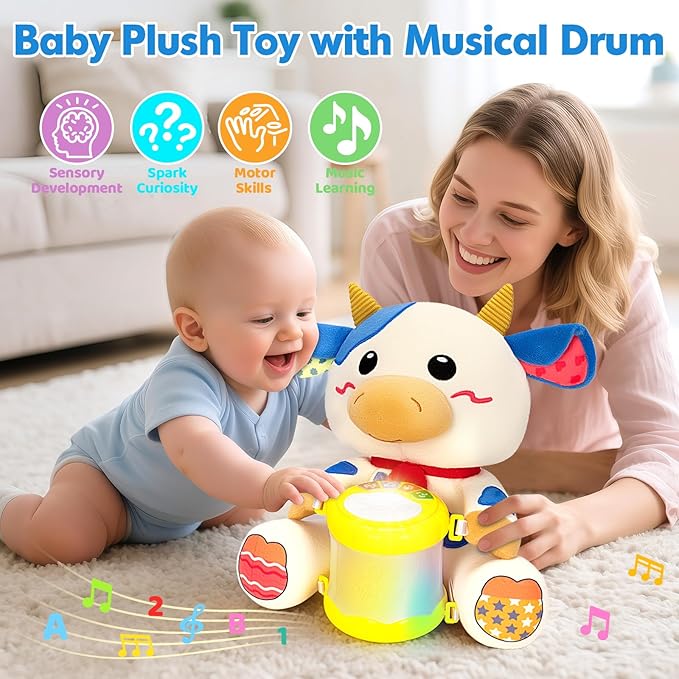 V-Opitos Stuffed Cow Musical Toys for Baby 6-12 Months+, Early Learning Light up Music Drum, Perfect Christmas Birthday Gifts for Boy & Girl Age 1, 2 Years Old
