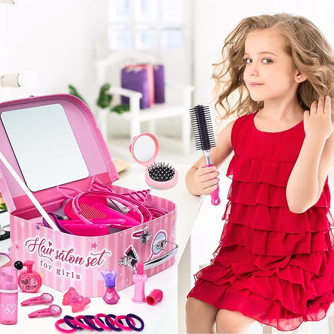 Lorfancy 49 Pcs Hair Salon Girls Toys Kids Pretend Play Makeup Sets Toddler Dress Up Beauty Hair Stylist Kit with Hairdryer Apron Curling Flat Iron Mirror Scissors Accessories Girl Birthday Gifts