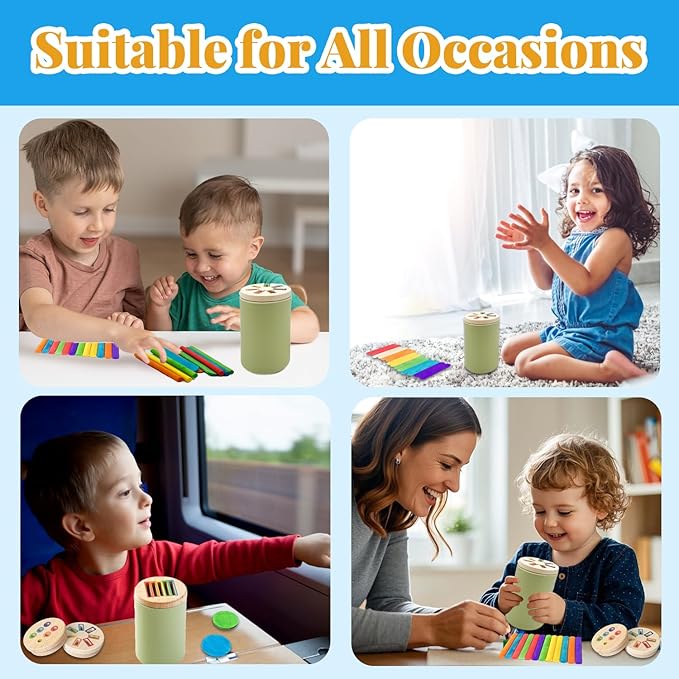 Montessori Wooden Stick Color Sorting Toys for 3 Year Old, Dual Play Educational Preschool Learning Fine Motor Skills Sensory Toys for Toddlers 3-5 Girl Boy Birthday Gifts (Silicone Bucket)