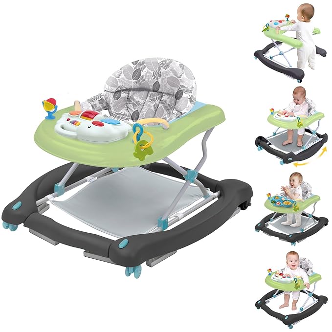 5 in 1 Foldable Baby Walker, Activity Baby Walker-Baby Bouncer, Rocker, Activity Center,Seat and Push Walker,Detachable Trampoline Mat, Adjustable Speed Rear Wheels and Height,Ages 6-18 Months(Green)