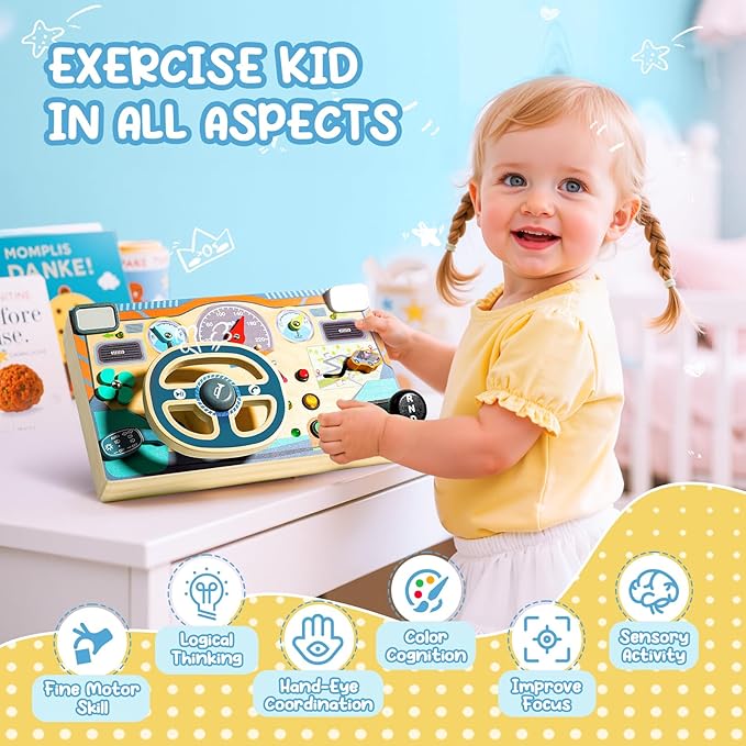 Busy Board Montessori Toys for 1 2 3 Year Old, Wooden Toddler Sensory Toy Busy Board with LED Lights Sound Switch, Toddlers Activity Travel Toy, Steering Wheel Toddler Toys Christmas Gift for Boy Girl