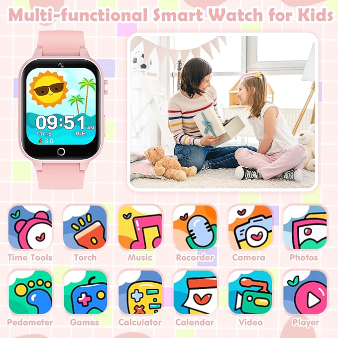 Luyiilo Kids Games Watch, with 26 Puzzle Games, Touch Screen, HD Camera, Alarm Clock, Toys for Ages 4-12 Years Old.Birthday Gift for Boys Girls (Soft Pink)