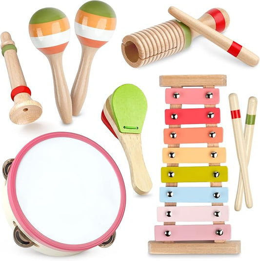 Baby Musical Instruments - Montessori Wooden Toys for Toddlers 1-3, Xylophone Maracas Tambourine Percussion Set, Kids Preschool Music Learning Toys Christmas Birthday Gifts for Boys Girls Age 3+, Pink