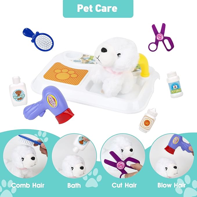 Pet Care Play Set for Kids, 16Pcs Doctor Kit Pretend Play Vet Puppy Dog Grooming & Feeding Toys with Backpack, Educational Toys for Girls and Boys 3-7 Years Old