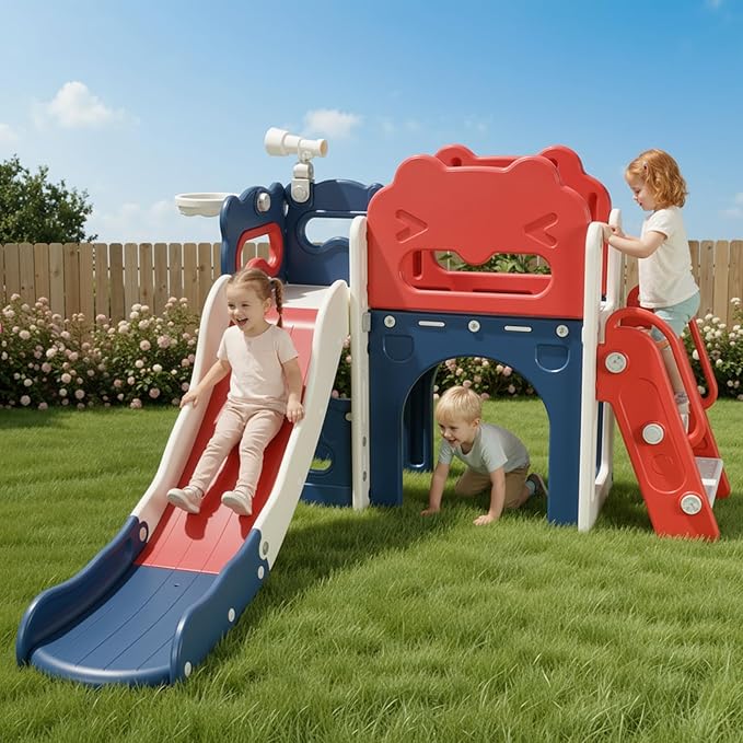 Arlopu 8 in 1 Toddler Slide Playset for Kids, Indoor Outdoor Baby Slide with Basketball Hoop, Telescope & Storage Space, Kids Playground Climber with Enclosed Steps (Red Blue)