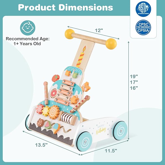 HONEY JOY Baby Push Walker, Wooden Infant Walker Activity Center w/Adjustable Handle, Develop Motor Skills & Creativity, Push Toys for Babies Learning to Walk, First Birthday Gift for Boys and Girls