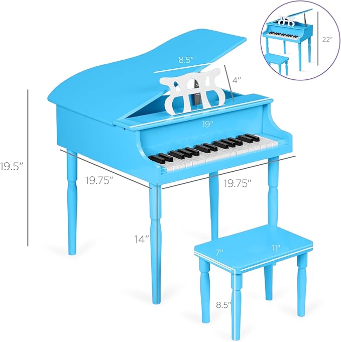 Best Choice Products Kids Classic Wooden 30-Key Mini Grand Piano Musical Instrument Toy w/ Piano Lid, Bench, Foldable Music Rack, Song Book, Note Stickers, Enamel Finish - Light Blue