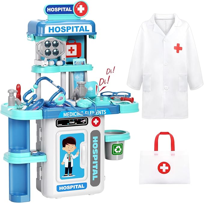 Doctor Kit for Kids Toddlers 3-8, 2 in 1 Kids Doctors Play Set with Costume, Stethoscope and Surgical Light, Pretend Medical Station Set for Boys Girls Birthday