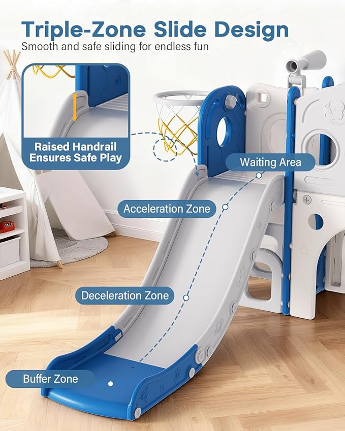 Babytronic Toddler Slide, 8 in 1 Kids Slide with Basketball Hoop, Telescope and Climber, Baby Slide Toddler Playground, Indoor Outdoor Playset for Toddlers Age 1-3, Kids Indoor Playground (Blue&Gray)
