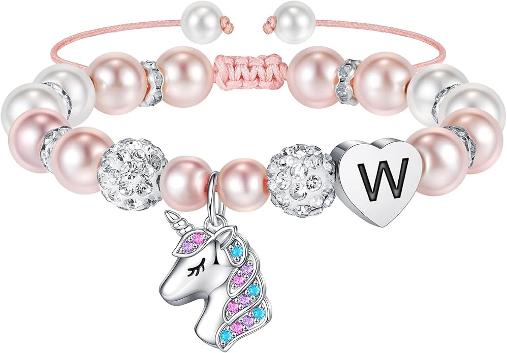 Hidepoo Christmas Gifts for Grandkids Girls - CZ Initial Unicorn Bracelet Adjustable Pink Pearl and Rhinestone Balls Heart Initial Unicorn Bracelets Jewelry Birthday Gifts for Girls Stocking Stuffers