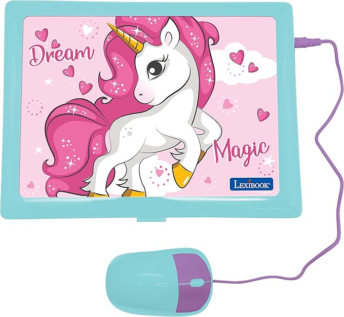 LEXiBOOK - Unicorn Educational and Bilingual Laptop Spanish/English - Toy for Children with 124 Activities to Learn Mathematics, Dactylography, Logic, Clock Reading, Play Games and Music - JC598UNIi2
