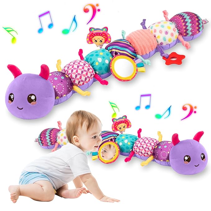 Baby Sensory Toys for 0-6 6-12 Months, Musical Stuffed Caterpillar Toy with Crinkle Rattle Mirror, Baby Essentials Infant Tummy Time Toys for 3 6 9 12 18 Months, Newborn Boys Girls Shower Gifts