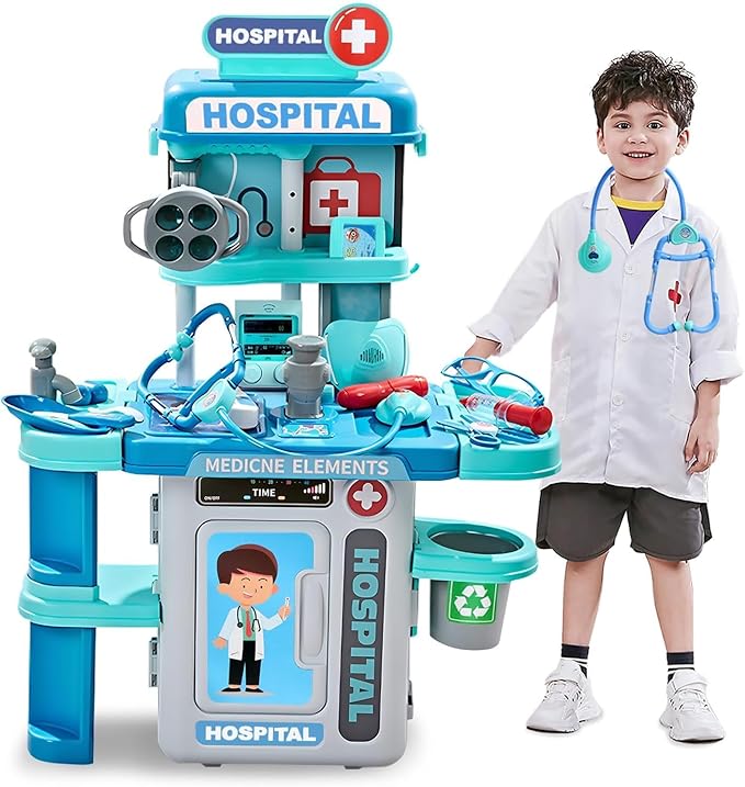 Doctor Kit for Kids 3-5, Toddler Play Set with Rolling Cart, Costume, and Stethoscope, Role Play Kids Doctors Set (Blue)