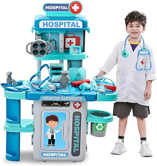 Doctor Kit for Kids 3-5, Toddler Play Set with Rolling Cart, Costume, and Stethoscope, Role Play Kids Doctors Set (Blue)