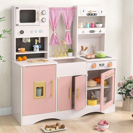 INFANS Kids Kitchen Playset, Cooking Toy Kitchen Set with Coffee Machine Stove Removable Sink Microwave Storage Cabinet, Simulation Wooden Play Kitchen for Toddler Boys Girls