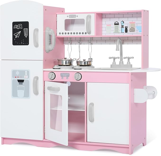 Kinder King Wooden Kids Play Kitchen, Toy Kitchen Playset for Toddler, Pretend Oven, Microwave, Telephone, Chalkboard, Interactive Doors, Knobs, Realistic Kitchen Sets for Boys Girls Age 3+, Pink