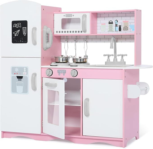 Kinder King Wooden Kids Play Kitchen, Toy Kitchen Playset for Toddler, Pretend Oven, Microwave, Telephone, Chalkboard, Interactive Doors, Knobs, Realistic Kitchen Sets for Boys Girls Age 3+, Pink