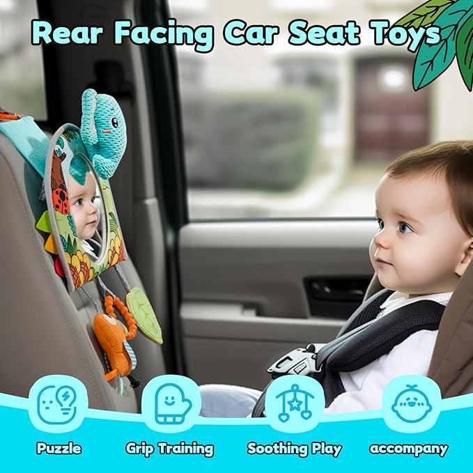 Koty Car Seat Toy - Kick and Play Activity Center with Mirror,Teether and Crinkle, Fun Travel Baby Toy for Rear Car Seat, Easier Drive with Newborns, Babies, Hanging Toys for Infants 0-6-12-18 Months