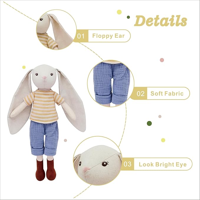 15" Bunny Stuffed Animals for Baby, Plush Toy Doll -Wearing Striped T-Shirt and Pants,Cute Doll Set Dress Up for 3 4 5 Year Old Girl - Gift for Birthday