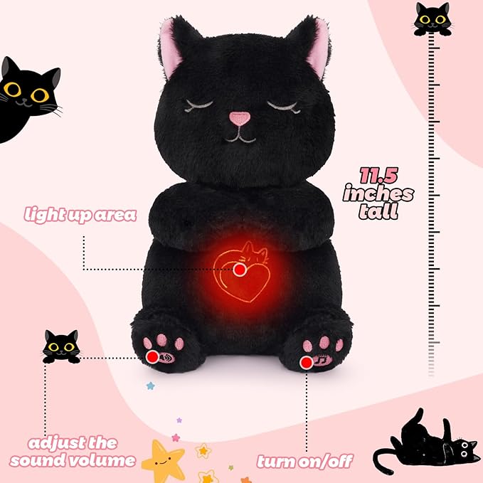 Breathing Stuffed Animal - Black Cat Plush Baby Toy, Soothing Sound Machine with Realistic Breathing Motion and Lights, Sleeping Plushies Gifts for Anxiety Adults and Kids