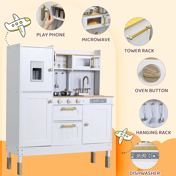 Play Kitchen, Wooden Kids Kitchen Playset, Pretend Chef Cooking Toy Set w/Realistic Lights & Sounds, Ice Maker, Telephone, Kitchen Accessories, Height Adjustable for Boys Girls Age 3+