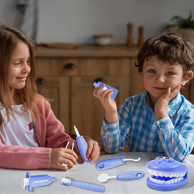 9-Piece Dental Pretend Play Set, Educational Dentist Play Kit with Teeth Model, Toothbrush, Dental Mirror, Syringe, Toothpaste, Tray, and Dental Tools, Fun Pretend Play Doctor Kit for Kids (Purple)