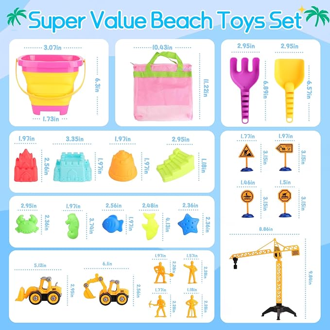 Beach Sand Toys for Kids: Sand Castle Toys with 2 Construction Trucks, Collapsible Beach Bucket, Shovel Set and Castle Builiding Kit, Sandbox Toys for Toddlers Girls Boys