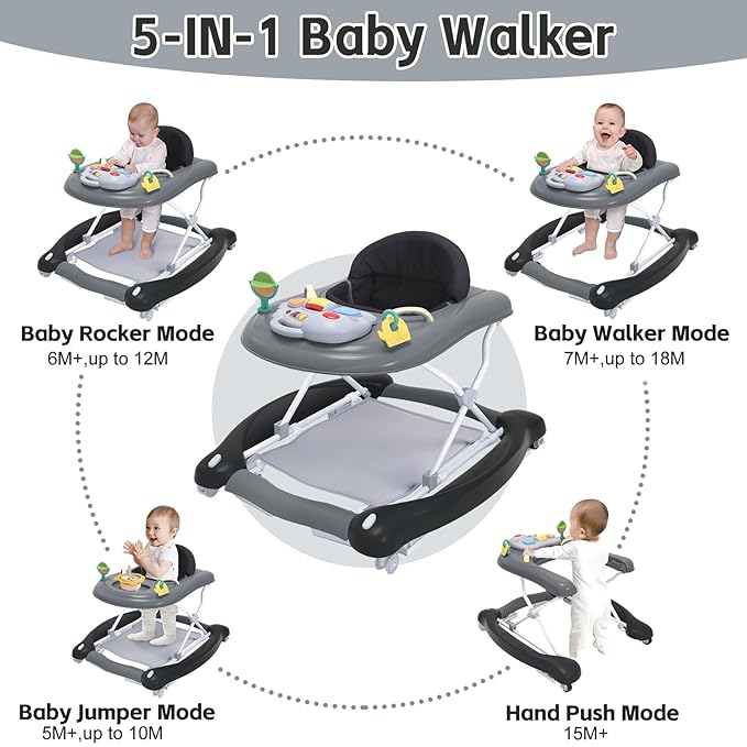 5 in 1 Foldable Baby Walker,Activity Baby Walker-Baby Bouncer,Rocker,Activity Center,Seat and Push Walker,Detachable Footrest Mat,Adjustable Speed Rear Wheels and Height,Ages 6-18 Months (Black)