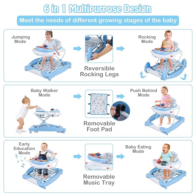 HONEY JOY Baby Walker, 6-in-1 Foldable Baby Walker and Bouncer Combo, Infant Activity Walker with Wheels, Adjustable Heights, Rocker, Music, Lights, Walker for Baby Boy Girl 7-14 Months (Blue)