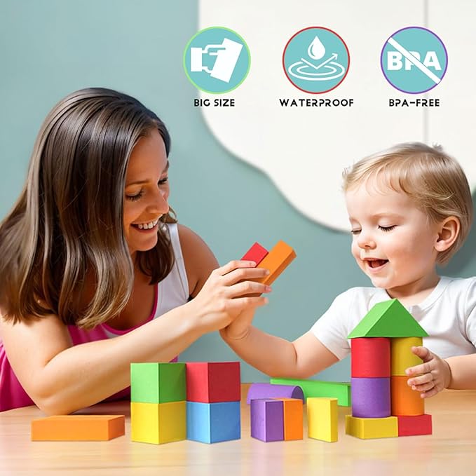 Suitable Size Foam Building Blocks for Toddlers 18M+, Big Soft Stacking Blocks Toys, Baby Bath Toys, Sensory & Early Development Toys for Kids 1.5 Years Up (Starter Kit)