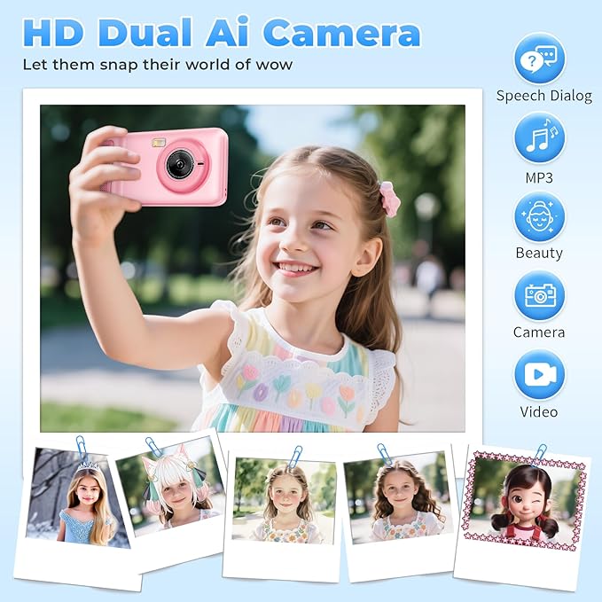Ai Kids Camera for Age 3-10, Digital Camera Christmas Birthday Gifts, Toddler Learning Play Toy Camera with 4 inch IPS HD Eye-Friendly Screen, AI Smart Learning, Music Player (Pink)