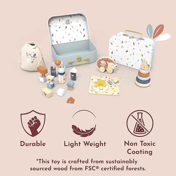 SPEEDY MONKEY My First Toy Box – Multicolor Wooden Nursery Toy Set for Kid, FSC Certified Play Box for Toddler, Includes Building Blocks, Stacking Rabbit, Chick Puzzle & Pull-Along Hedgehog