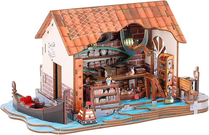Book Nook Kit - DIY Miniature House Kit for Adults, Dollhouse Booknook Tiny House Bookshelf Decor 3D Wooden Puzzle Street Model, Ideal Gift for Book Lovers, Family, Friends (Floating Bookstore)