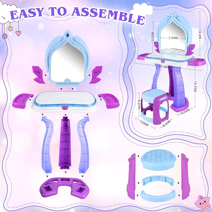 Princess Vanity for Toddlers Girls 3-5 Years Old, Kids Vanity Table and Chair Set with Magic Mirror Light Music, Toddler Makeup Dresser Set, Interactive Pretend Play Dress Up Beauty Salon Toys Gifts