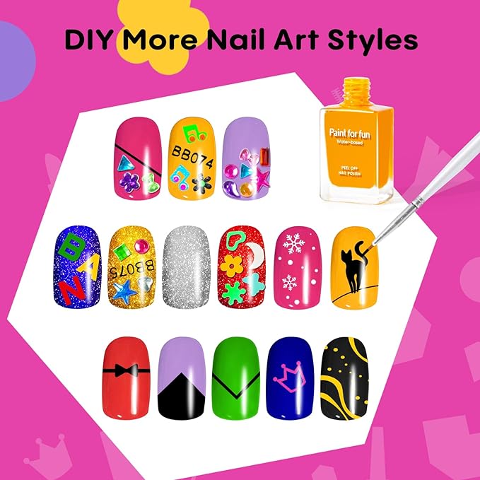 Tomons Nail Polish Set Non Toxic Kids Nail Polish Kit for Kids Ages 7-12, Birthday Gifts for 6 7 8 9 10 11 12 Year Girl, Glitter, Sequins, Stickers, Nail Art Kit Tools- 8 Colors